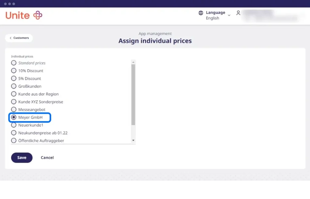 Screenshot of assigning individual prices to selected customers