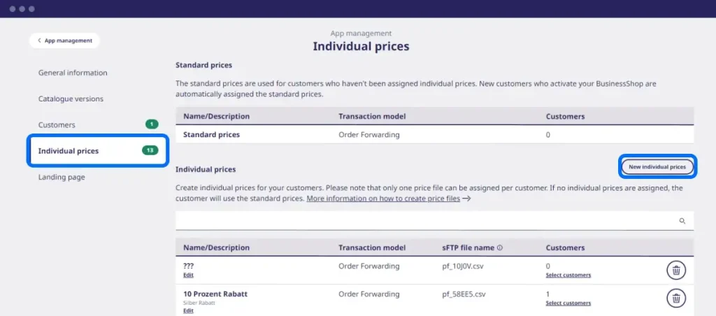 Screenshot of first step to setting up individual prices