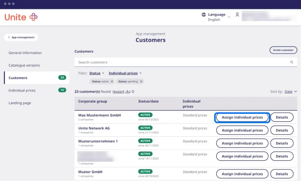 Screenshot of your customer overview in Unite portal